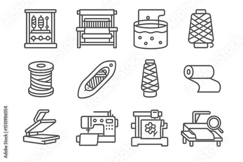Textile icon set featuring sewing machine, yarn, loom, and more tools