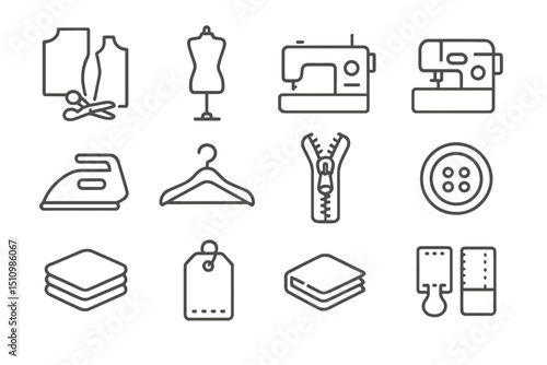 Sewing equipment icons: machine, scissors, iron, mannequin, button, zipper