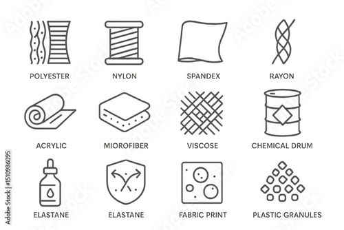 Textile icons illustrating various fabric types and materials for industrial use