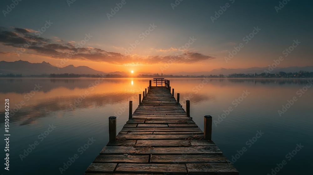 Fototapeta premium A dock situated at the center of a water body, bathed in the fading light from behind the distant mountains