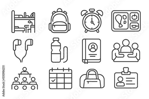 School essentials icons: backpack, alarm, bunk bed, lunch, calendar, id