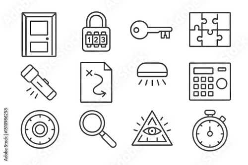 Escape room icons: key, lock, puzzle, map, and tools on dark background