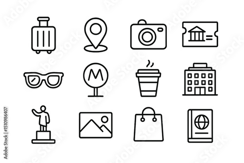 Travel icons: luggage, camera, coffee, map pin, passport, ticket, sunglasses