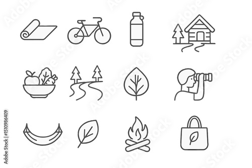 Outdoor adventure icons set: biking, hiking, camping, nature, exploration