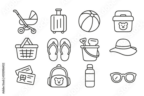 Summer vacation essentials: travel, beach, and picnic icons collection