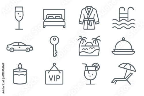 Luxury hotel amenities icons: pool, spa, dining, and more
