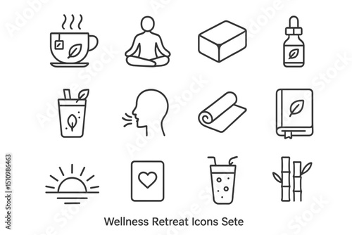 Wellness retreat icon set featuring yoga, meditation, and relaxation elements