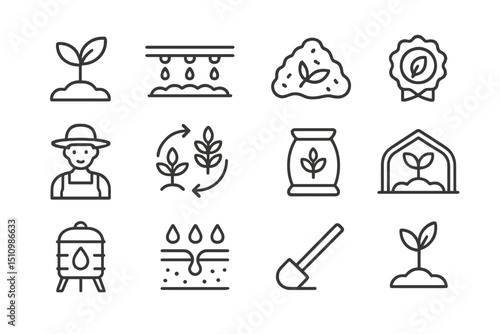 Organic farming icons: plants, seeds, growth, recycle, harvest