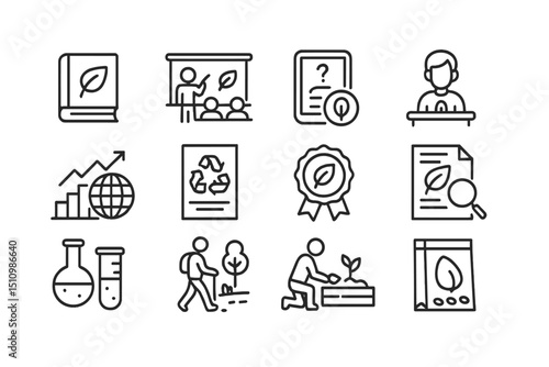 Eco education icons: sustainability, recycling, learning, growth, environment
