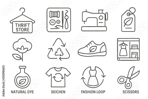 Sustainable fashion icons: sewing, recycling, natural dye, and thrift store