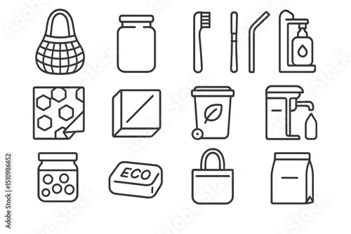 Eco-friendly icons: sustainable products and zero waste lifestyle symbols