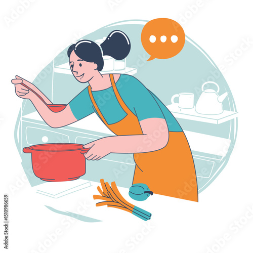 Woman cooking soup in kitchen, modern flat vector illustration