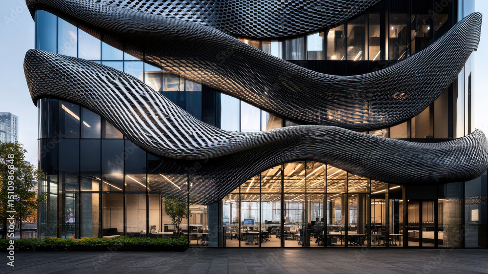 Obraz premium Undulating metal facade with flowing light and shadow interplay, sleek and dynamic
