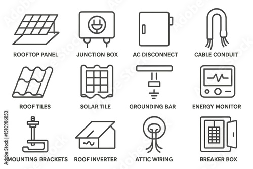 Solar panel and electrical system components: icons and descriptions guide