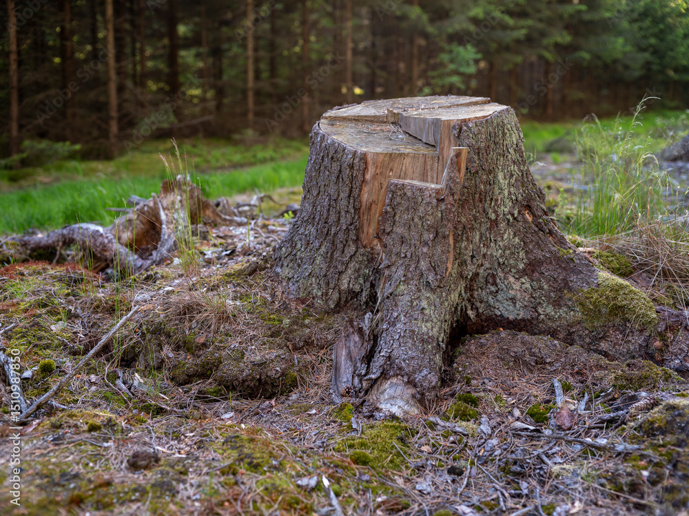 Obraz premium The stump of a felled tree in a cut-down forest.