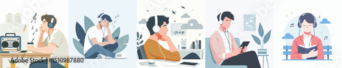 vector of a young man listening to music