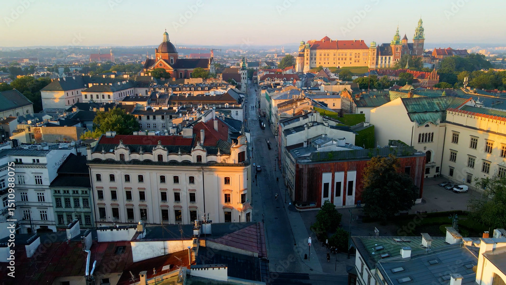 Fototapeta premium Drone view of European city tourism old town Krakow Poland