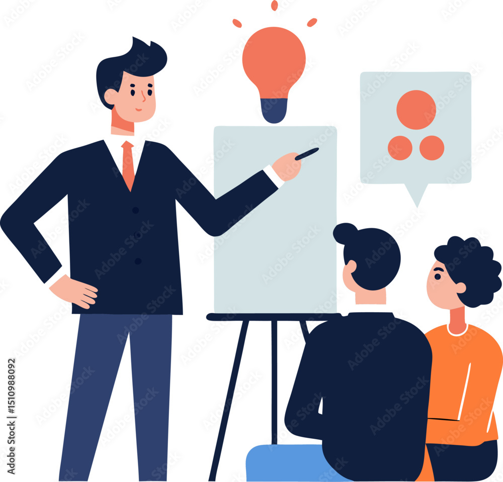 A business presenter explaining ideas on a whiteboard with an audience in a modern illustrated design A business presenter explaining ideas on a whiteboard with an audience in a modern illustrated design