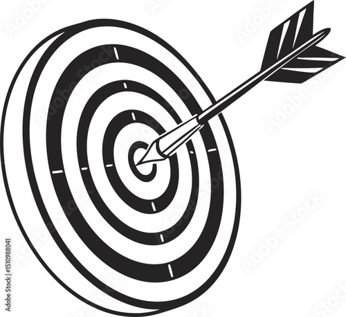 A black and white illustration depicting a bullseye with an arrow piercing the target center accurately