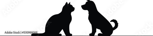 Intimate Cat & Dog Silhouettes: Black Feline and Canine Pair Facing Each Other, Pet Friends Graphic AI Generative
