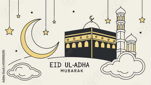 An illustrated eid ul adha mubarak greeting card featuring the kaaba the moon and stars in a warm inviting cream color.
