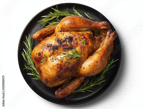 top view roasted chicken on a round black plate, on isolated on white background, professional product photography