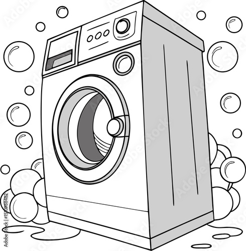 Clean laundry concept with washing machine and bubbles in black and white illustration