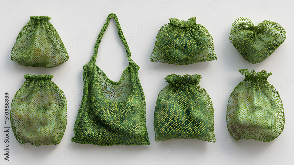 Naklejka premium Collection of Eco-Friendly Green Fabric Pouches and Tote Bag on White