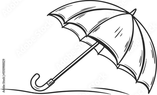 Simple hand drawn black and white umbrella artwork depicting weather protection and symbolism for various design applications