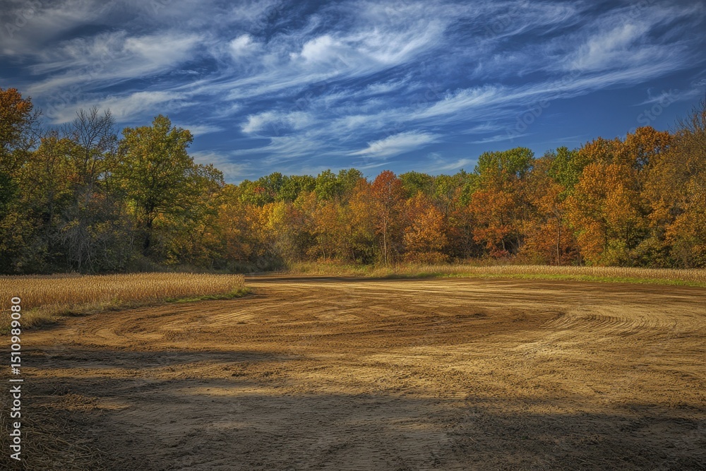 Naklejka premium Autumn Field After Harvest: Rustic Landscape with Woods and Open Sky Beyond