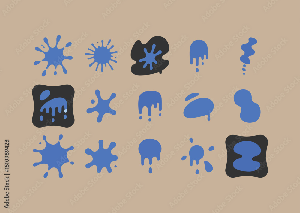 Collection of Blue and Black Ink Splatters on a Tan Background for Graphic Design and Creative Projects Vector Illustration