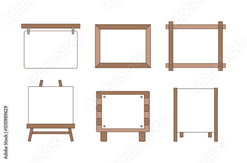 A set of wooden signs and frames in a variety of styles. Includes a hanging sign, rustic log board, standing frame, and easel with blank canvas.