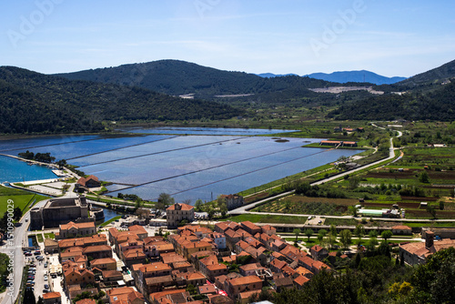 Fototapeta Naklejka Na Ścianę i Meble -  Panoramic view of the oyster beds in Ston, Croatia. Destination exotic tourist