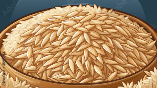 A close-up of rice reveals the delicate texture and natural sheen of perfectly cooked grains. Each individual grain appears soft yet distinct, showcasing its subtle cream color and fluffy consistency.