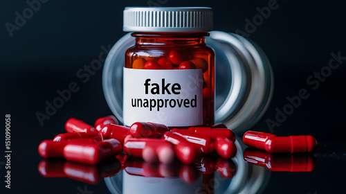Unapproved Medication: Red capsules spill from a bottle labeled 