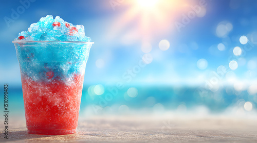 A colorful red and blue slushie on a warm sandy beach, with the bright sun and sparkling ocean in the background during summer