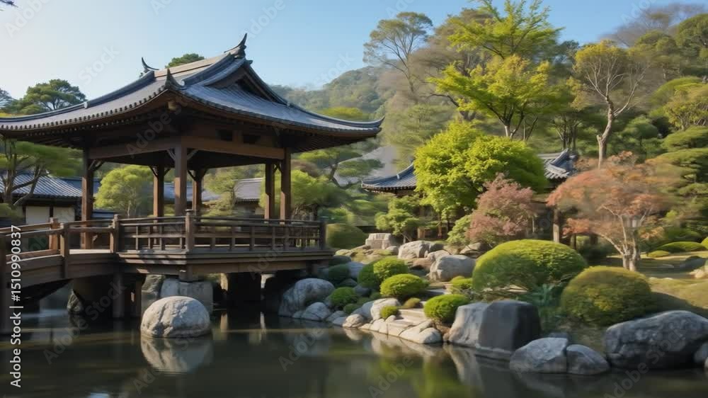 Traditional Japanese architecture with wooden gazebo bridge over water in a garden with trees and stones. 4k video Traditional Japanese architecture with wooden gazebo bridge over water in a garden with trees and stones. 4k video