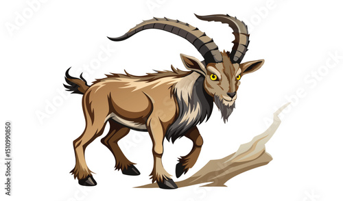 Majestic brown mountain goat with large horns