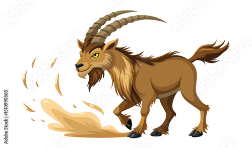 Cartoon brown goat running and kicking up dust