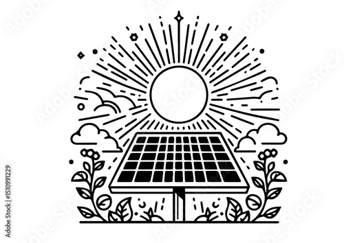 Solar panel absorbing sunlight in black and white illustration
