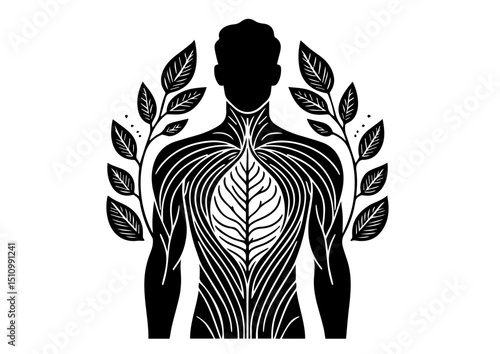 Human silhouette with leaf veins and branches in black and white