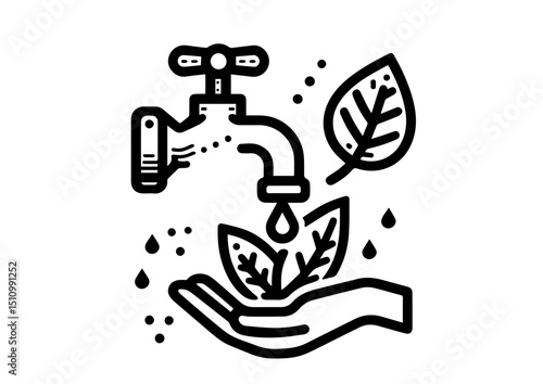 Water tap and hand nurturing leaves in black and white style