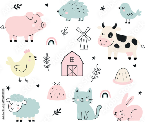 set of farm animals with plants and baby colors, illustration of a cow, cat, porc, chicken, rabit