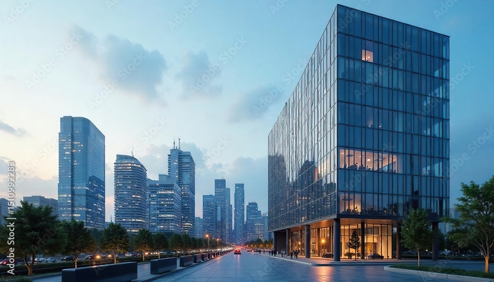 Fototapeta premium Modern city commercial building with sleek glass facade and urban skyline backdrop Perfect for real estate, architecture, and business concepts , commercial, high rise