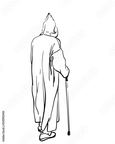 Hand-drawn vector sketch of an elderly man in a traditional Moroccan djellaba with pointed hood, walking with a cane, back view. Clean black line art on white background, no shading