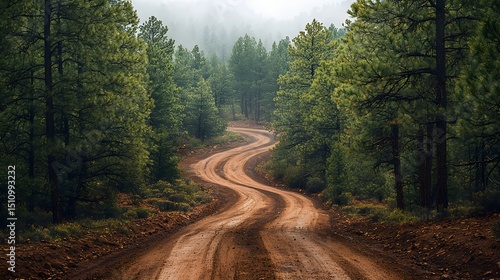 Winding dirt road through a pine forest near Payson Arizona