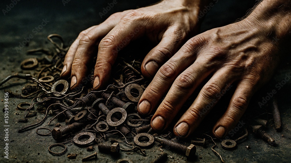 Fototapeta premium Dirty worker hands are touching rusty screws, bolts, nuts, and washers scattered on a dark surface, conveying the concept of manual labor and metalwork