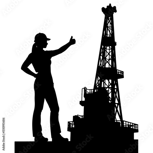 Confident woman with thumb up silhouetted against an oil drilling rig, representing empowerment in the oil and gas industry, concept of energy sector, engineering, and workforce