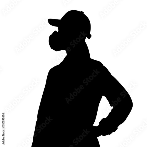 Silhouette of a construction worker wearing a safety mask, confidently standing with hands on hips, against a white background, renovation and safety concept for construction firms