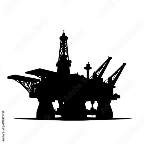 Silhouette of an offshore oil rig against a white background, representing industrial energy production and innovation in the oil and gas sector, concept of energy companies or industrial firms